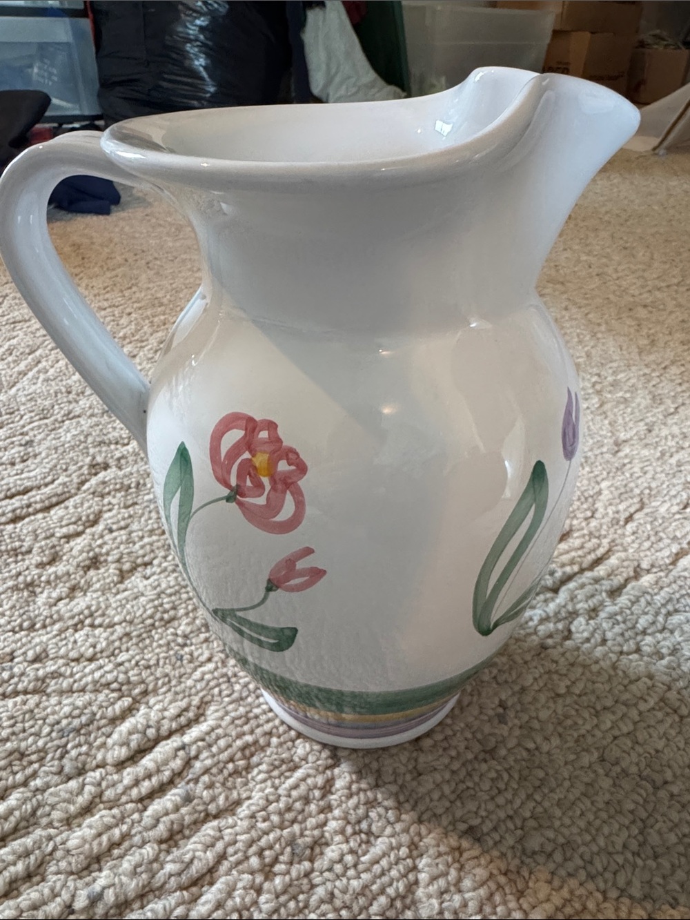 Hand-Painted Floral Ceramic Pitcher - White with Pink & Green Accents